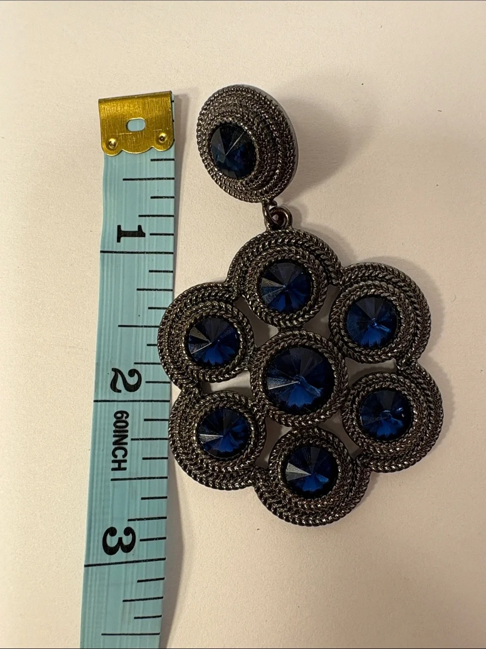 Gunmetal Floral Drop Earrings with Faux Sapphire Blue Stones - Women Jewelry